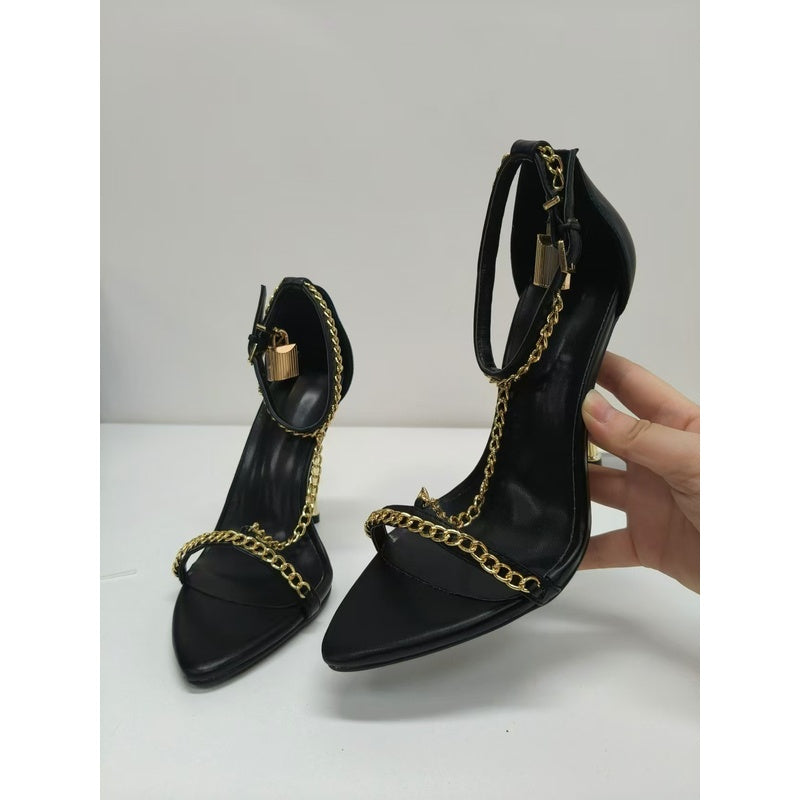 2026 New Foreign Trade Model European American Style gold Women's One-Strap High Heel Sandals with Thin Heel, Open Toe, Metal Chain, and Pointed Toe