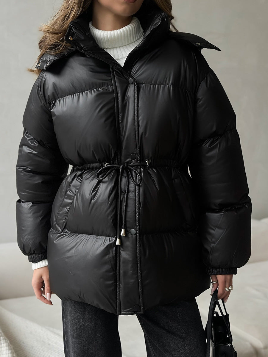 Cross-Border Drawstring Slim European and American 2025 Winter New Hooded Zipper Comfortable Warm Cotton Jacket Coat