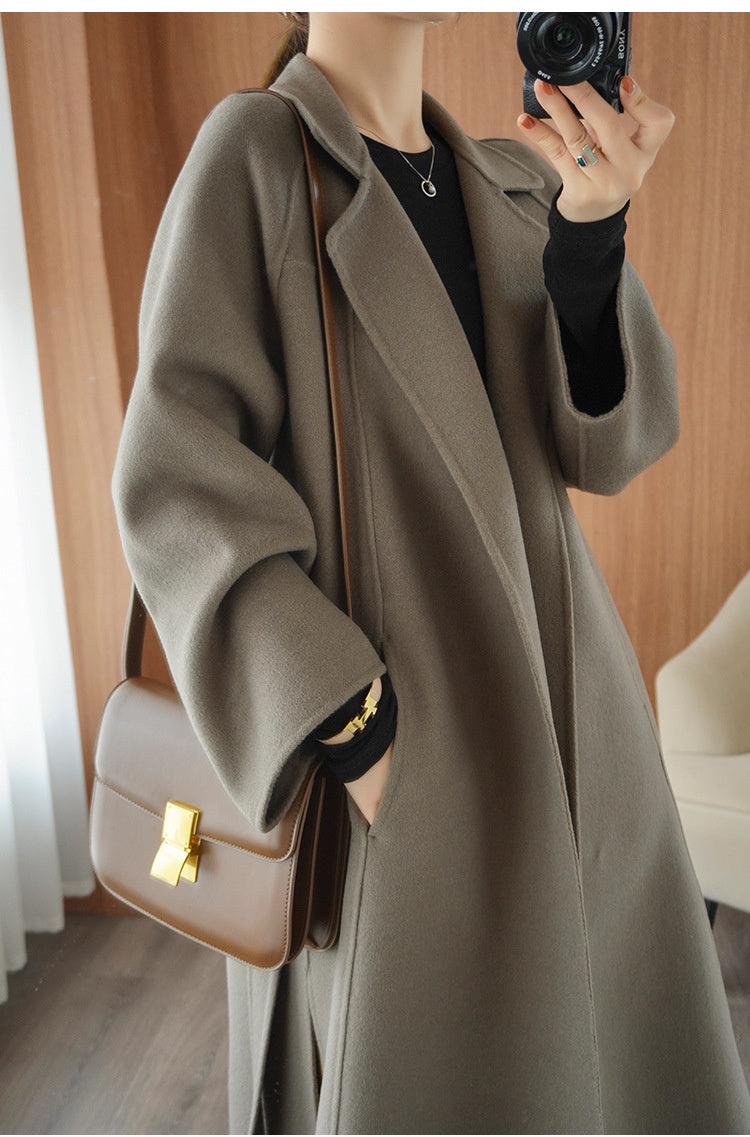 Women's double-faced wool coat, long, knee-length, loose fit, plus size, autumn winter, elegant, casual, and high-end