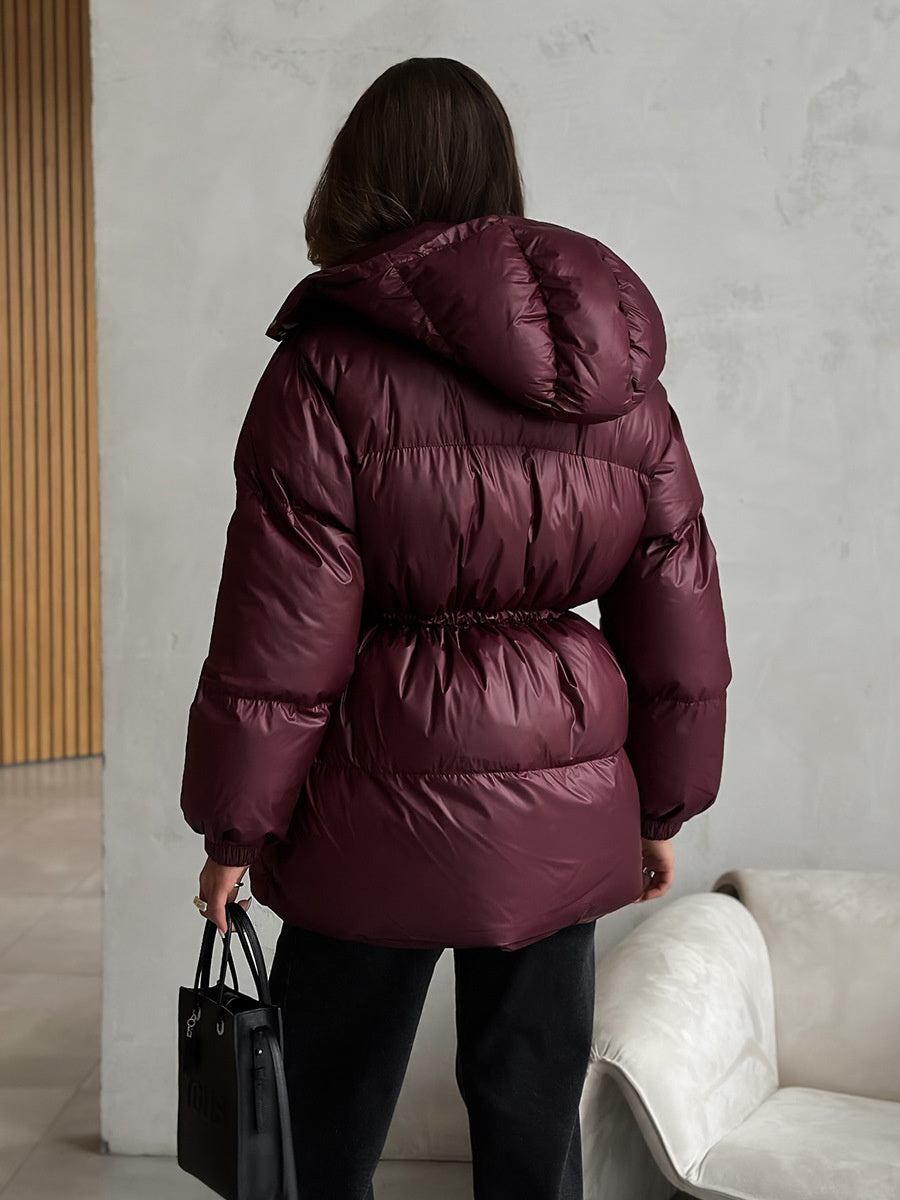 Cross-Border Drawstring Slim European and American 2025 Winter New Hooded Zipper Comfortable Warm Cotton Jacket Coat