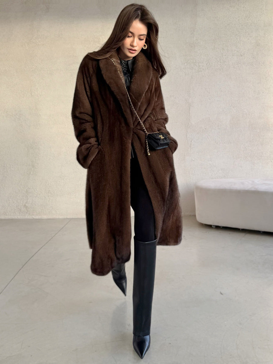 European and American cross-border winter women's long-length eco-friendly faux with belt, imitation mink fur thick coat