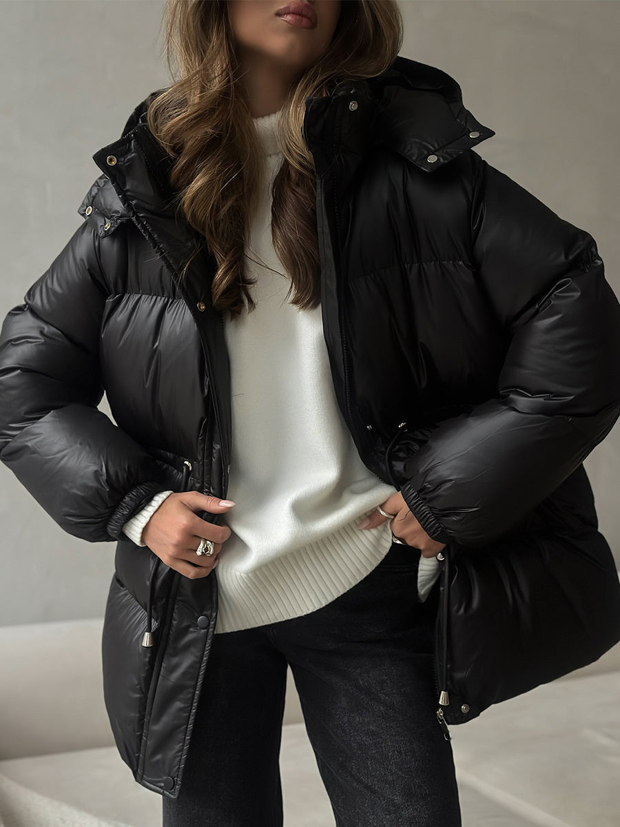Cross-Border Drawstring Slim European and American 2025 Winter New Hooded Zipper Comfortable Warm Cotton Jacket Coat