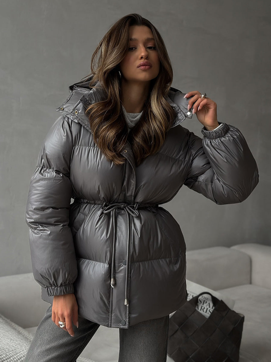 Cross-Border Drawstring Slim European and American 2025 Winter New Hooded Zipper Comfortable Warm Cotton Jacket Coat