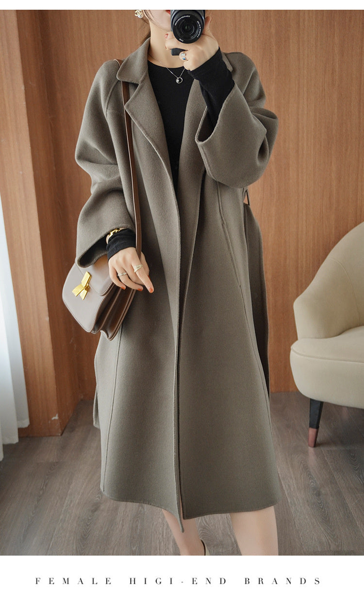 Women's double-faced wool coat, long, knee-length, loose fit, plus size, autumn winter, elegant, casual, and high-end