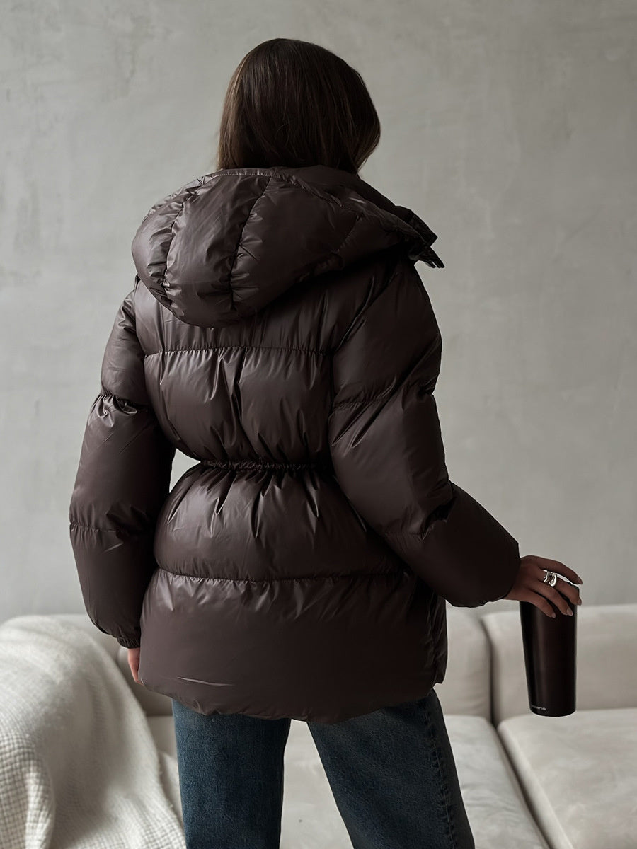Cross-Border Drawstring Slim European and American 2025 Winter New Hooded Zipper Comfortable Warm Cotton Jacket Coat
