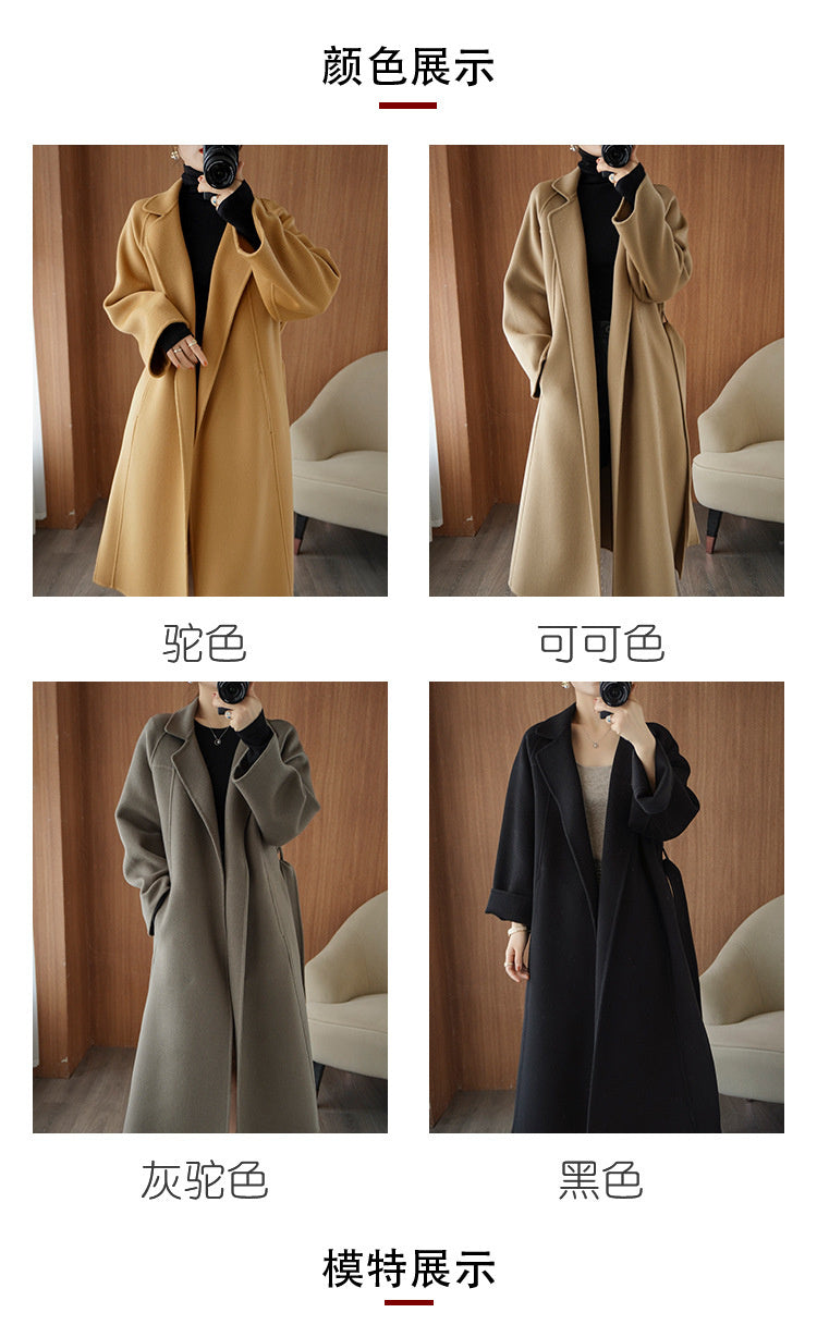 Women's double-faced wool coat, long, knee-length, loose fit, plus size, autumn winter, elegant, casual, and high-end