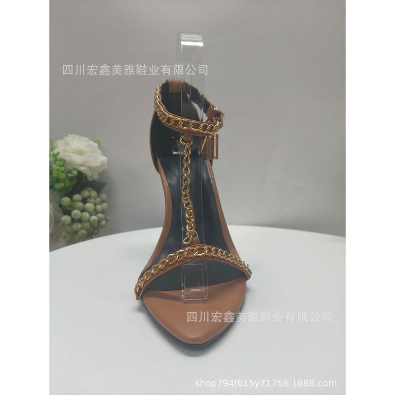 2026 New Foreign Trade Model European American Style gold Women's One-Strap High Heel Sandals with Thin Heel, Open Toe, Metal Chain, and Pointed Toe