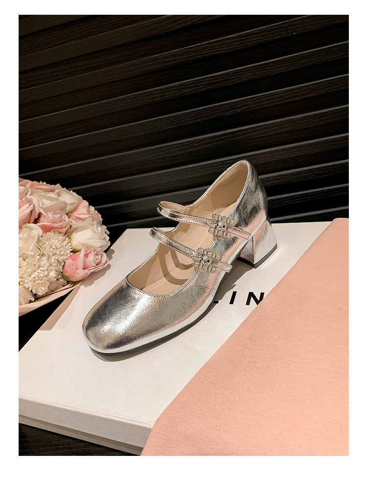 Weiwei Girl 173-1 French Mary Jane for Women One-Strap Chunky Heel Single Shoes Fairy Style Silver High Heels
