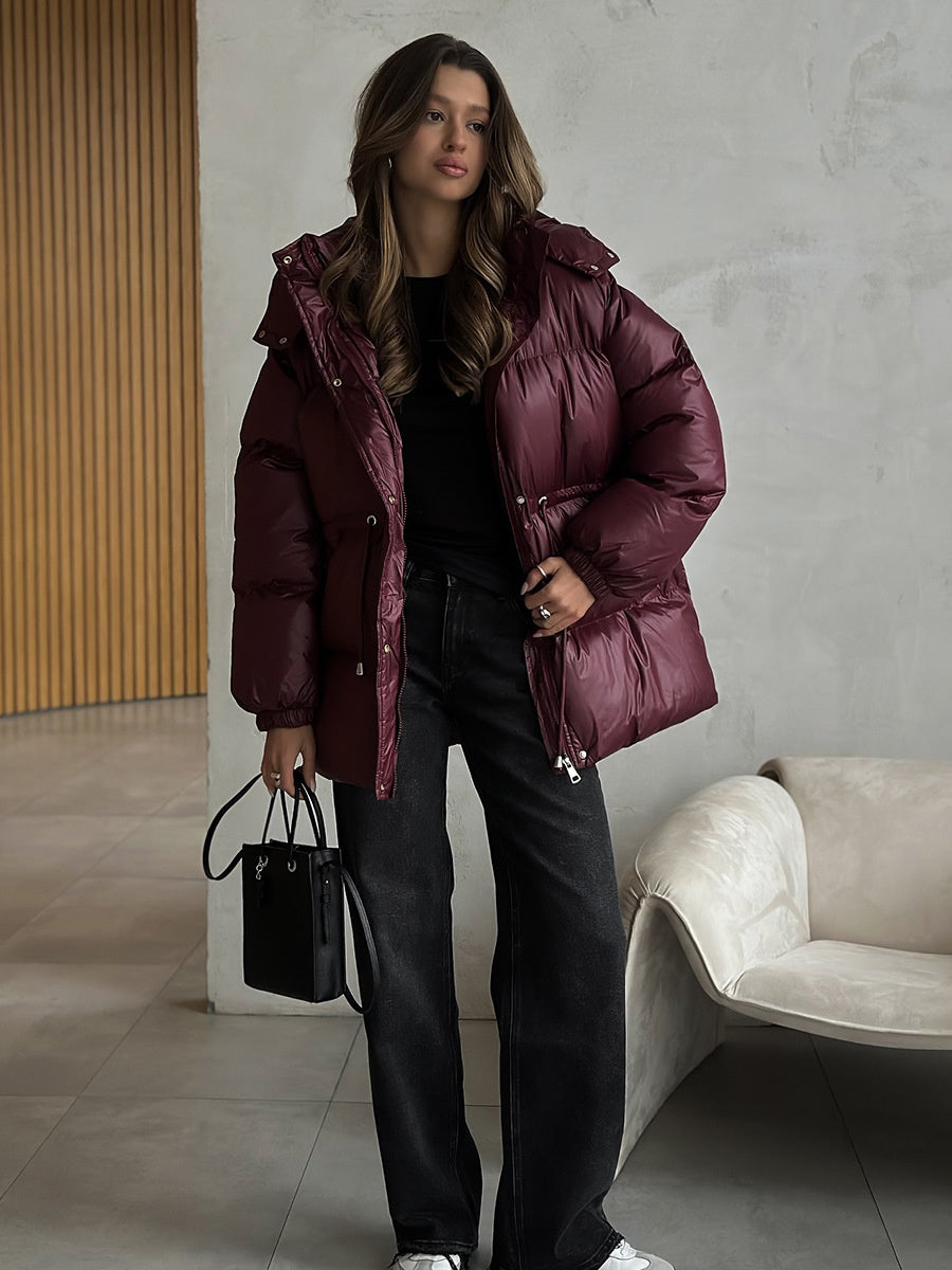 Cross-Border Drawstring Slim European and American 2025 Winter New Hooded Zipper Comfortable Warm Cotton Jacket Coat