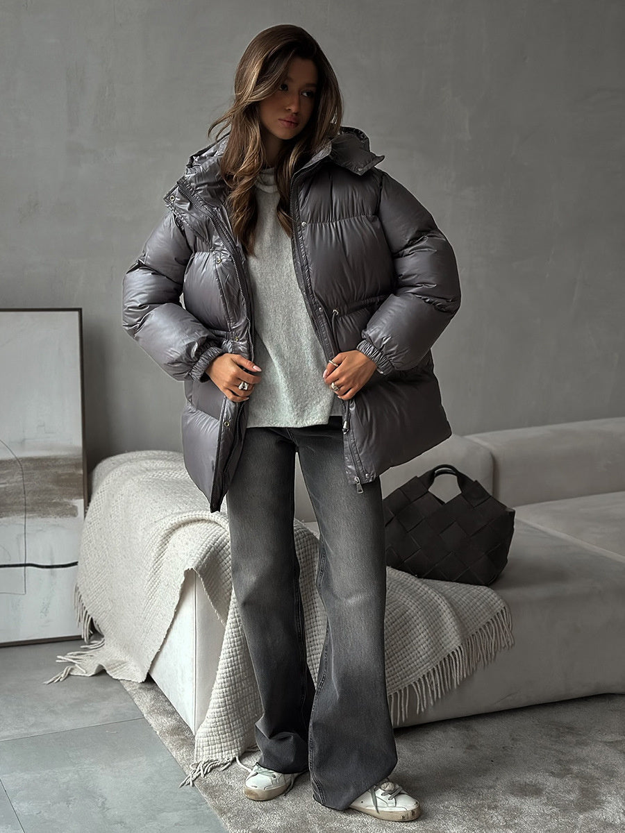 Cross-Border Drawstring Slim European and American 2025 Winter New Hooded Zipper Comfortable Warm Cotton Jacket Coat