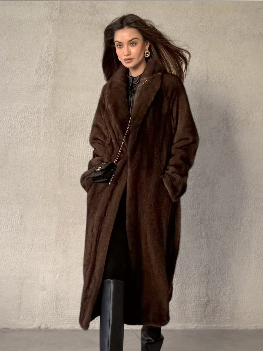European and American cross-border winter women's long-length eco-friendly faux with belt, imitation mink fur thick coat