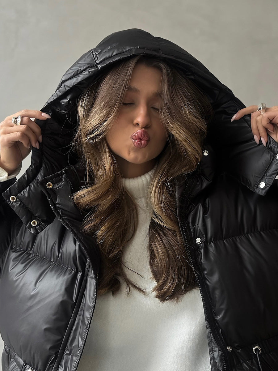 Cross-Border Drawstring Slim European and American 2025 Winter New Hooded Zipper Comfortable Warm Cotton Jacket Coat