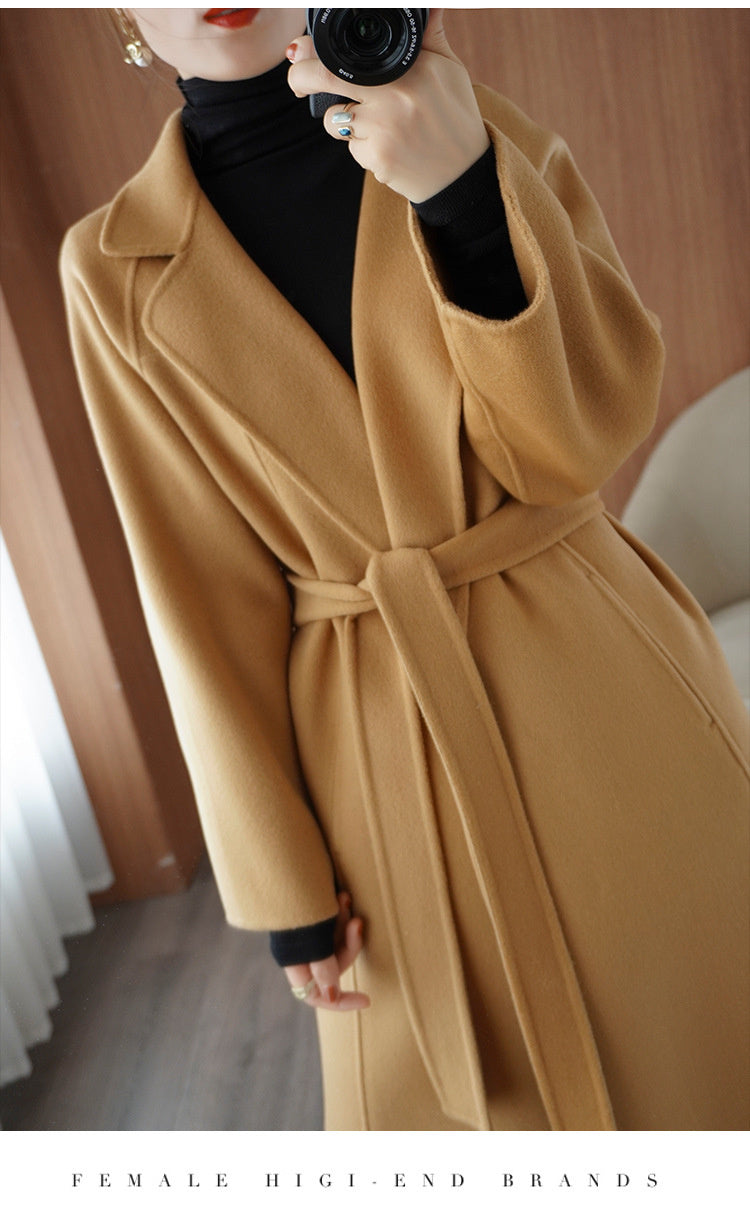 Women's double-faced wool coat, long, knee-length, loose fit, plus size, autumn winter, elegant, casual, and high-end