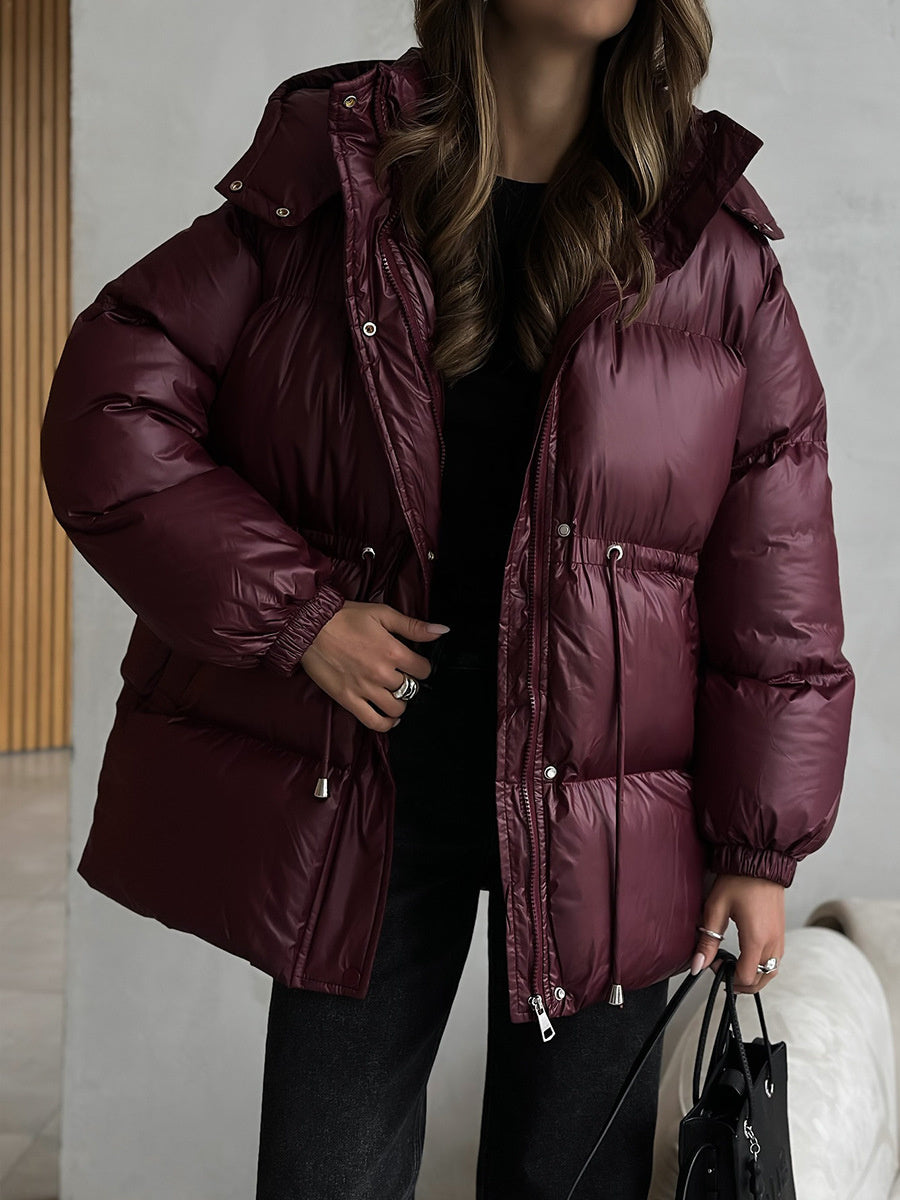 Cross-Border Drawstring Slim European and American 2025 Winter New Hooded Zipper Comfortable Warm Cotton Jacket Coat