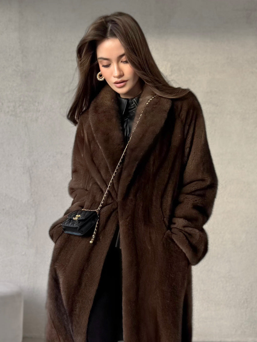 European and American cross-border winter women's long-length eco-friendly faux with belt, imitation mink fur thick coat
