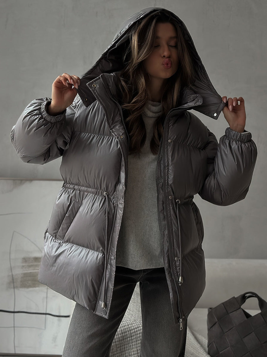 Cross-Border Drawstring Slim European and American 2025 Winter New Hooded Zipper Comfortable Warm Cotton Jacket Coat